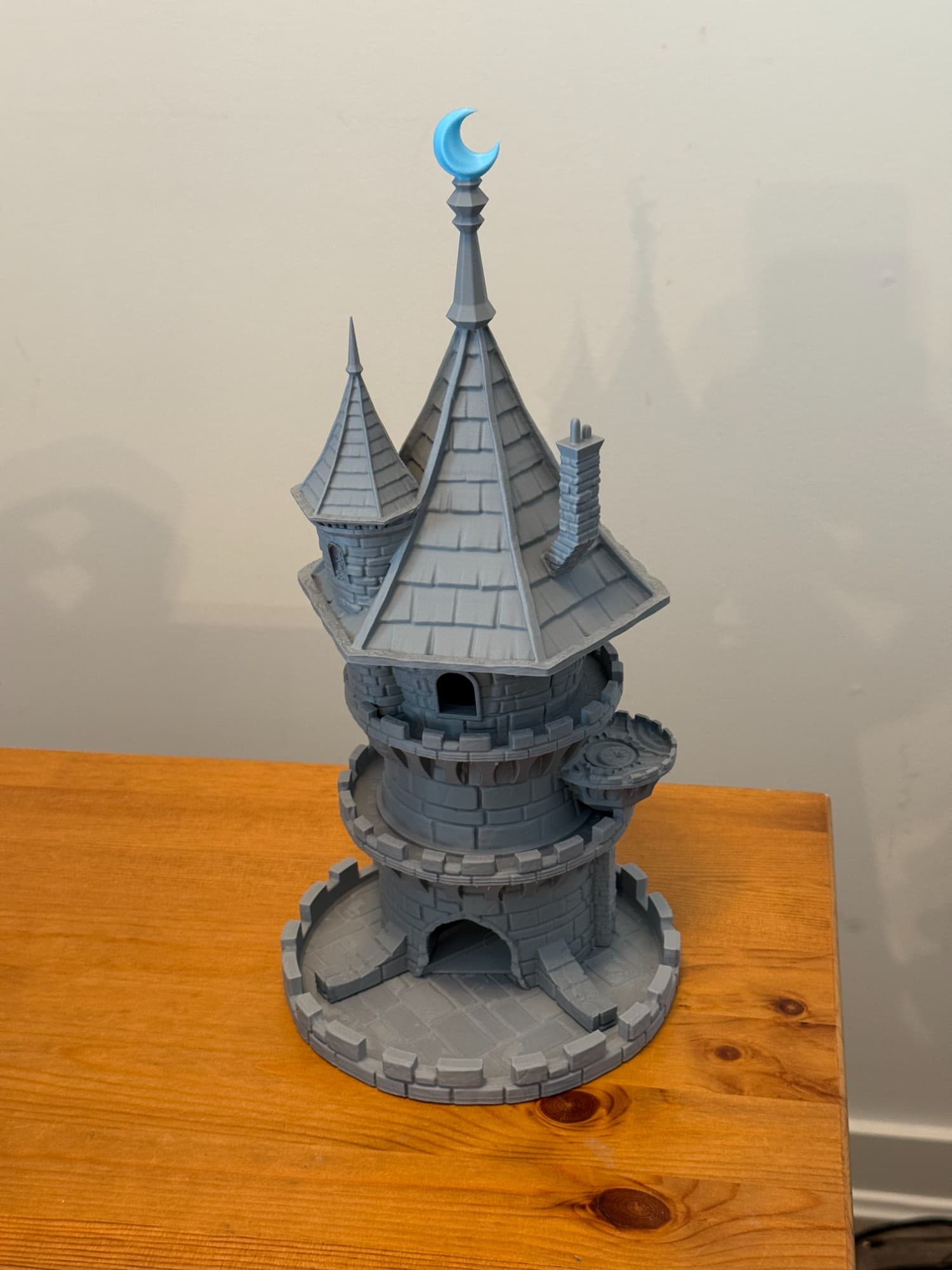 Wizard Dice Tower printed in Matte Ash Gray with a Silk Baby Blue crescent moon finial