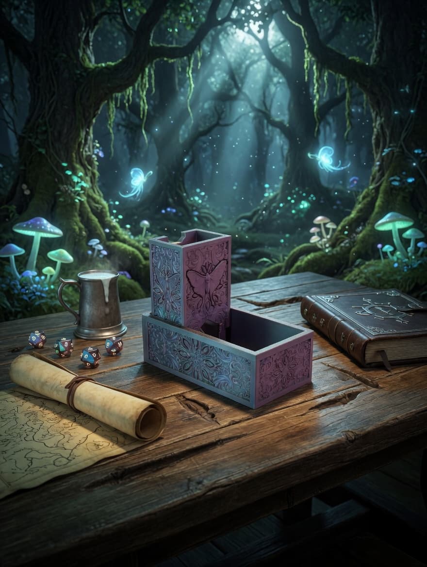 Luna Moth Folding Dice Tower in a moonlit forest scene with dice, map, and tankard