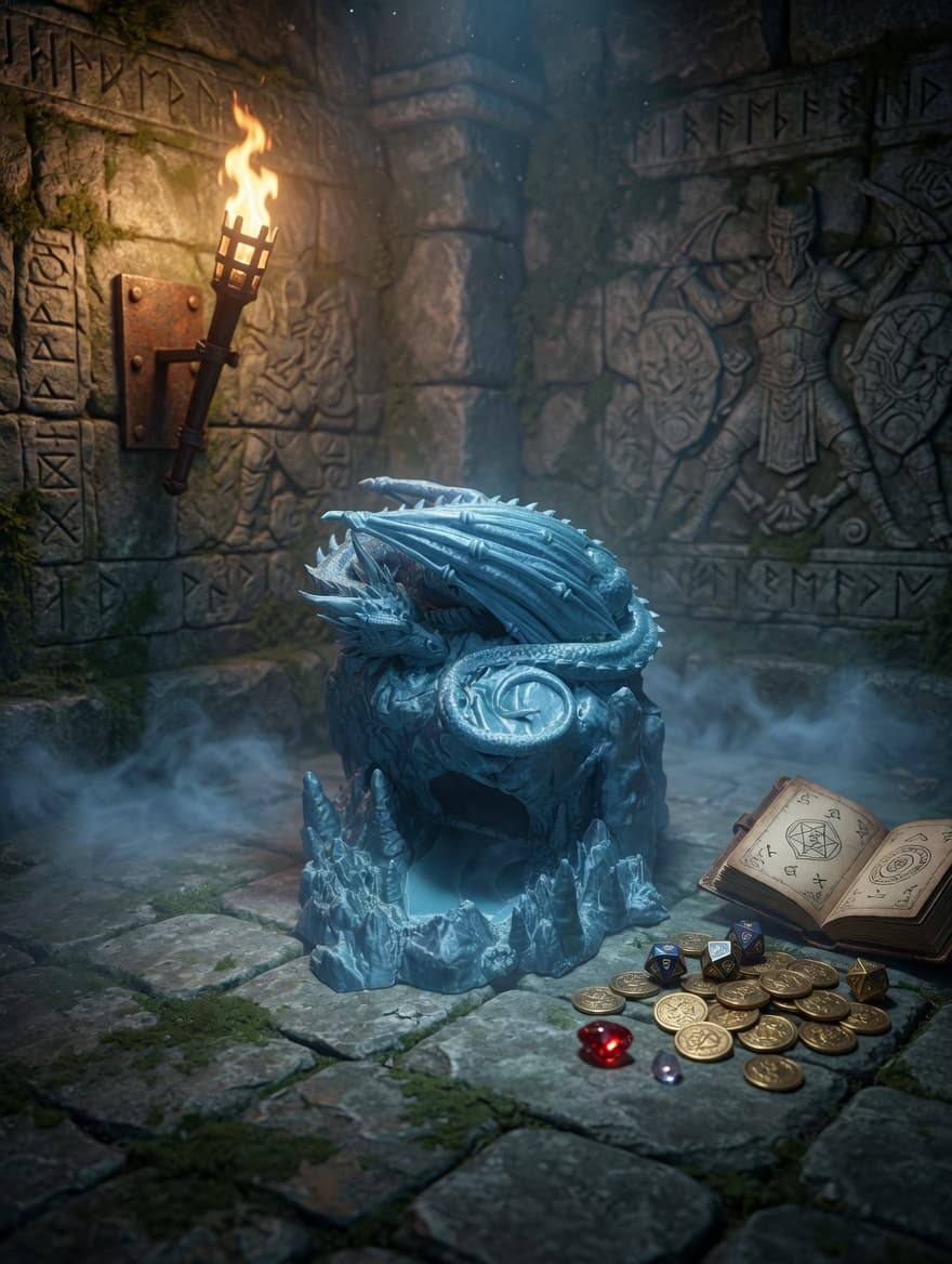 Sleepy Dragon Dice Tower in a torchlit rune-carved dungeon with dice, coins, and spellbook