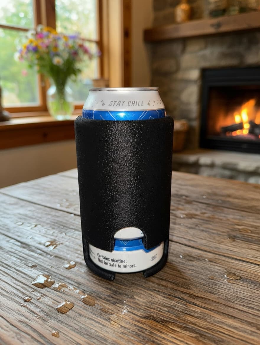 Beer & Zyn Koozie on a rustic table by a cozy fireplace