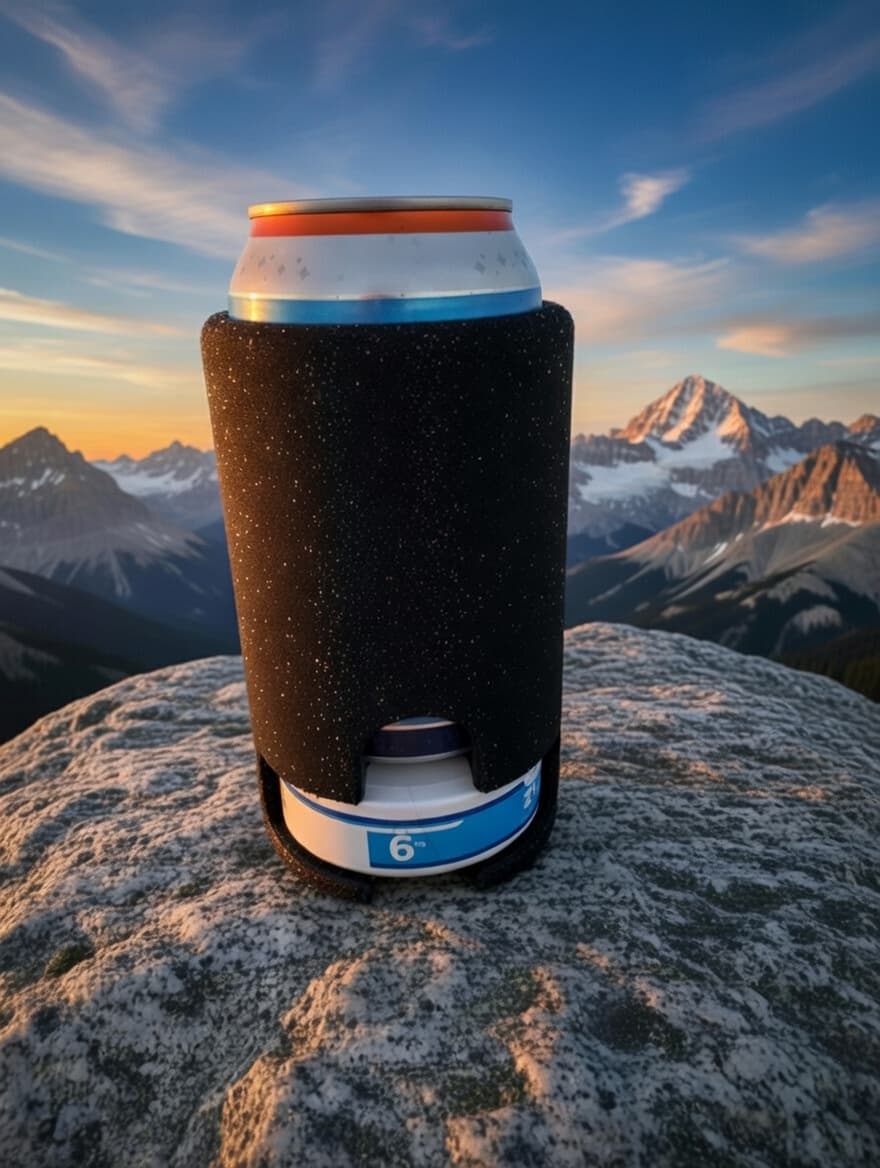 Beer & Zyn Koozie on a mountain summit with peaks in the background
