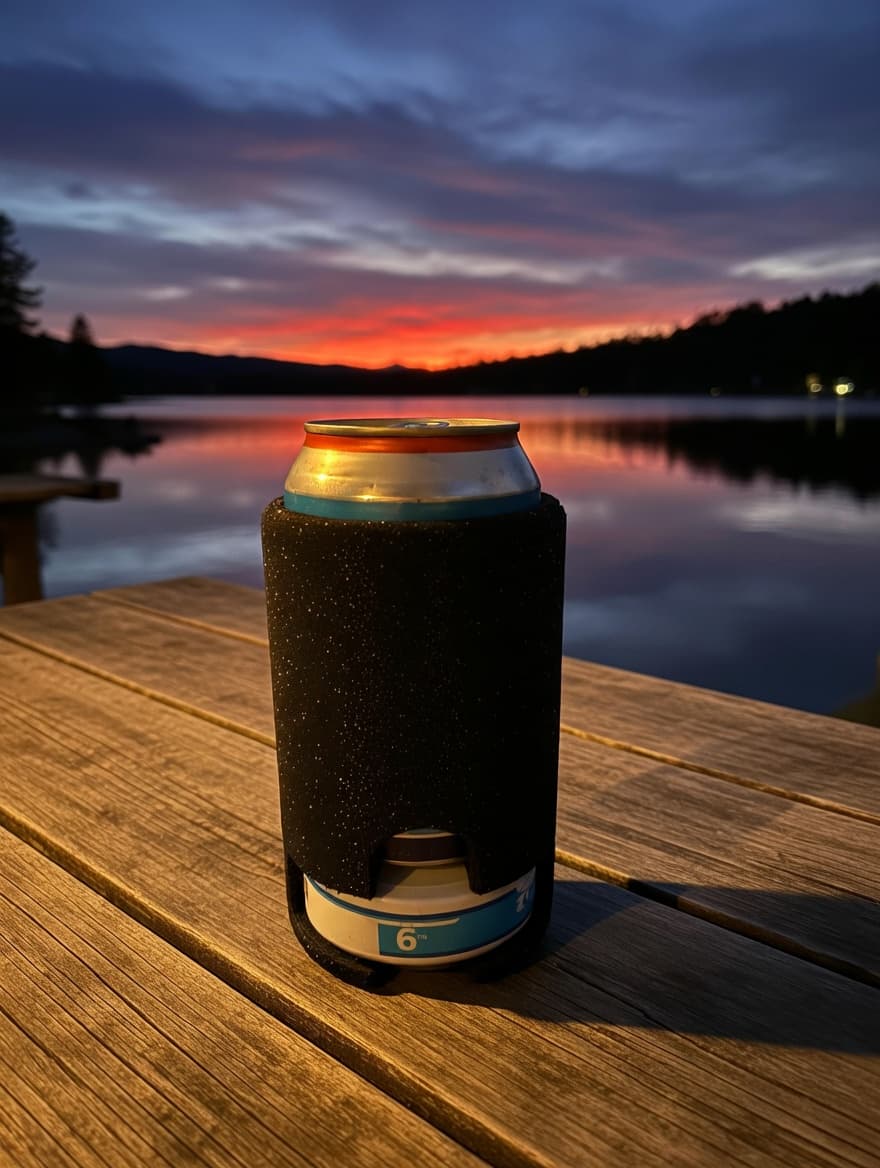 Beer & Zyn Koozie on a dock at sunset over a calm lake