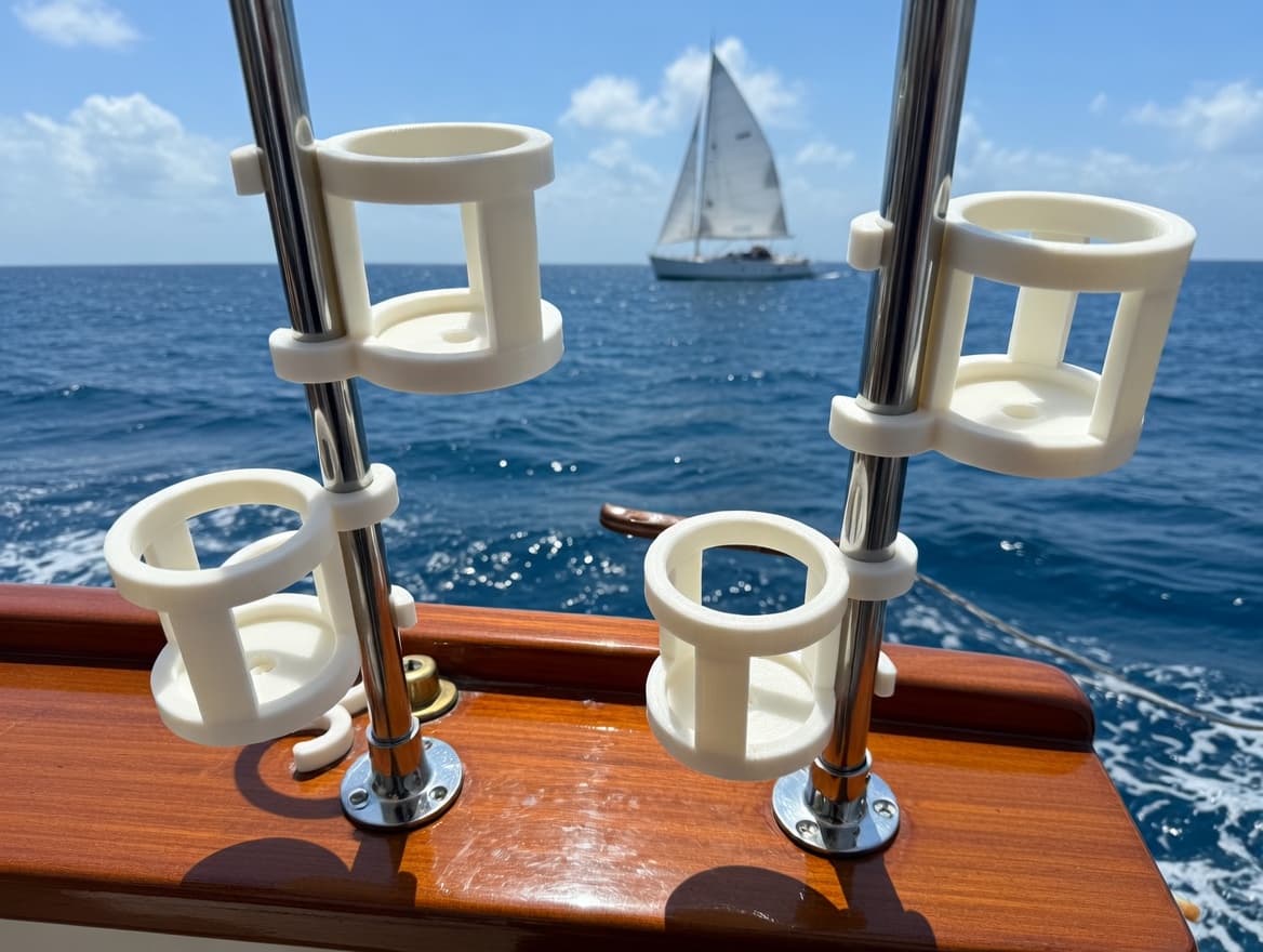 Emberforge Nautical Drink Holders mounted on sailboat stanchions at sea