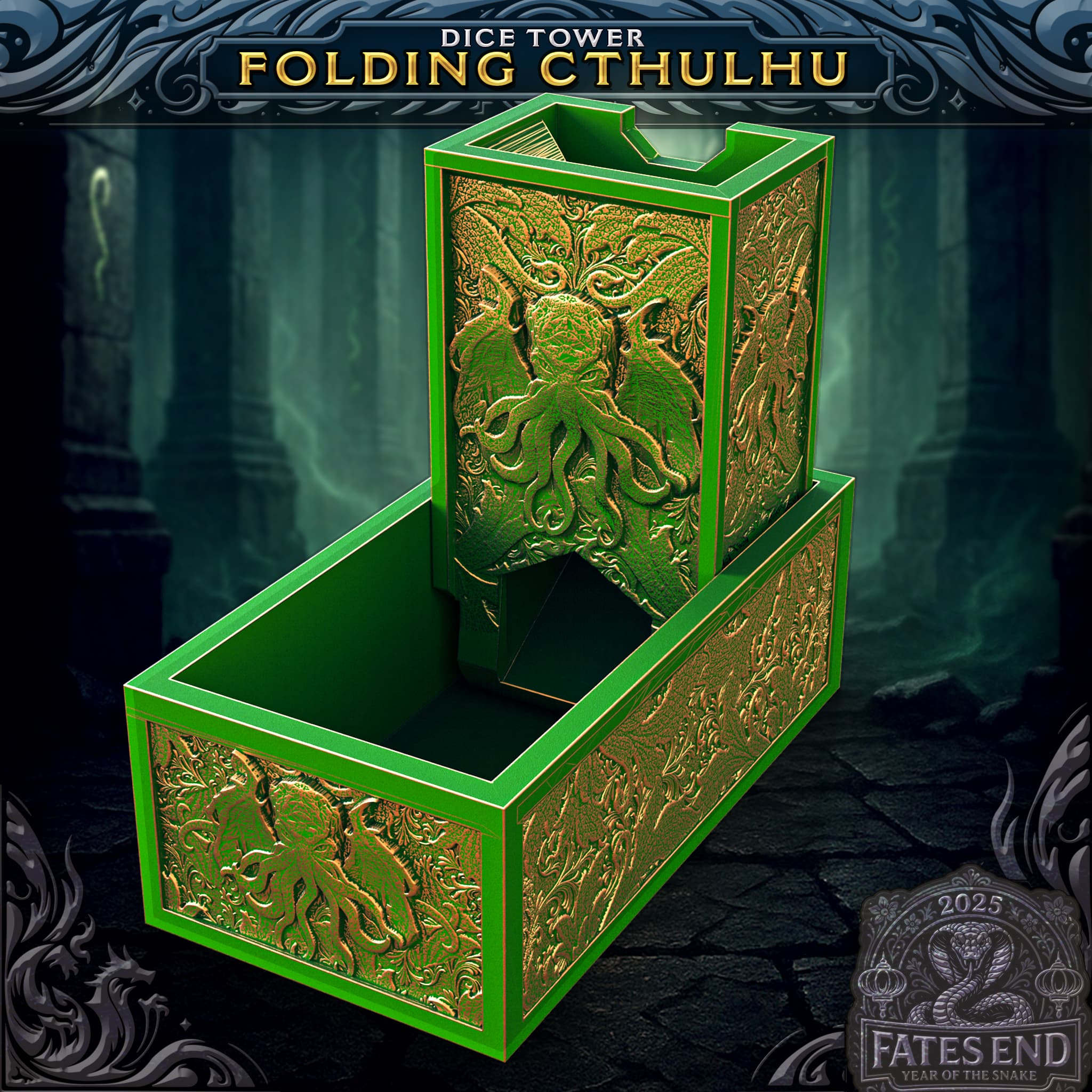 Folding Cthulhu Dice Tower — green and gold ornate folding design