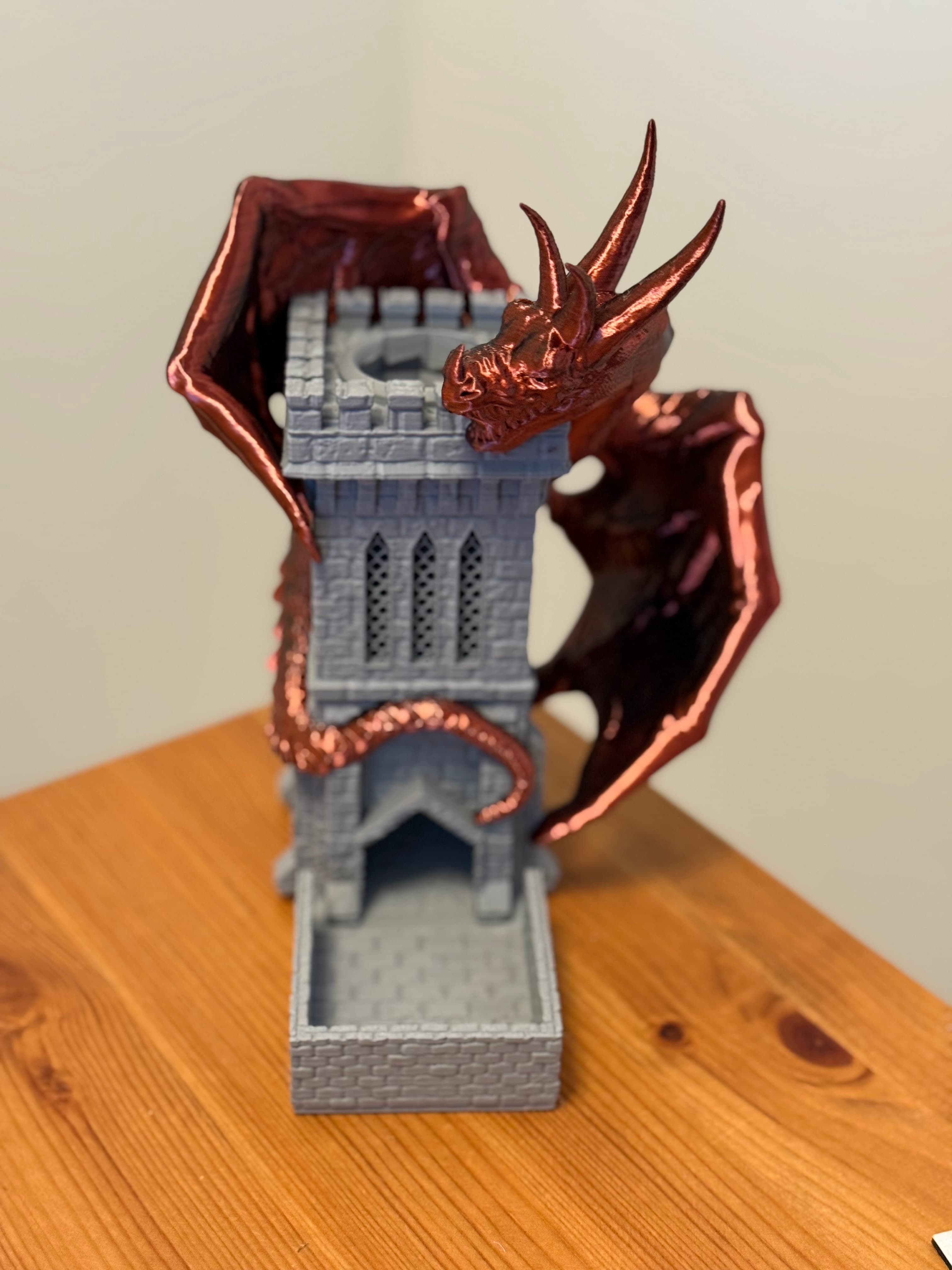 Wyvern Dice Tower — copper dragon perched on a gothic castle tower
